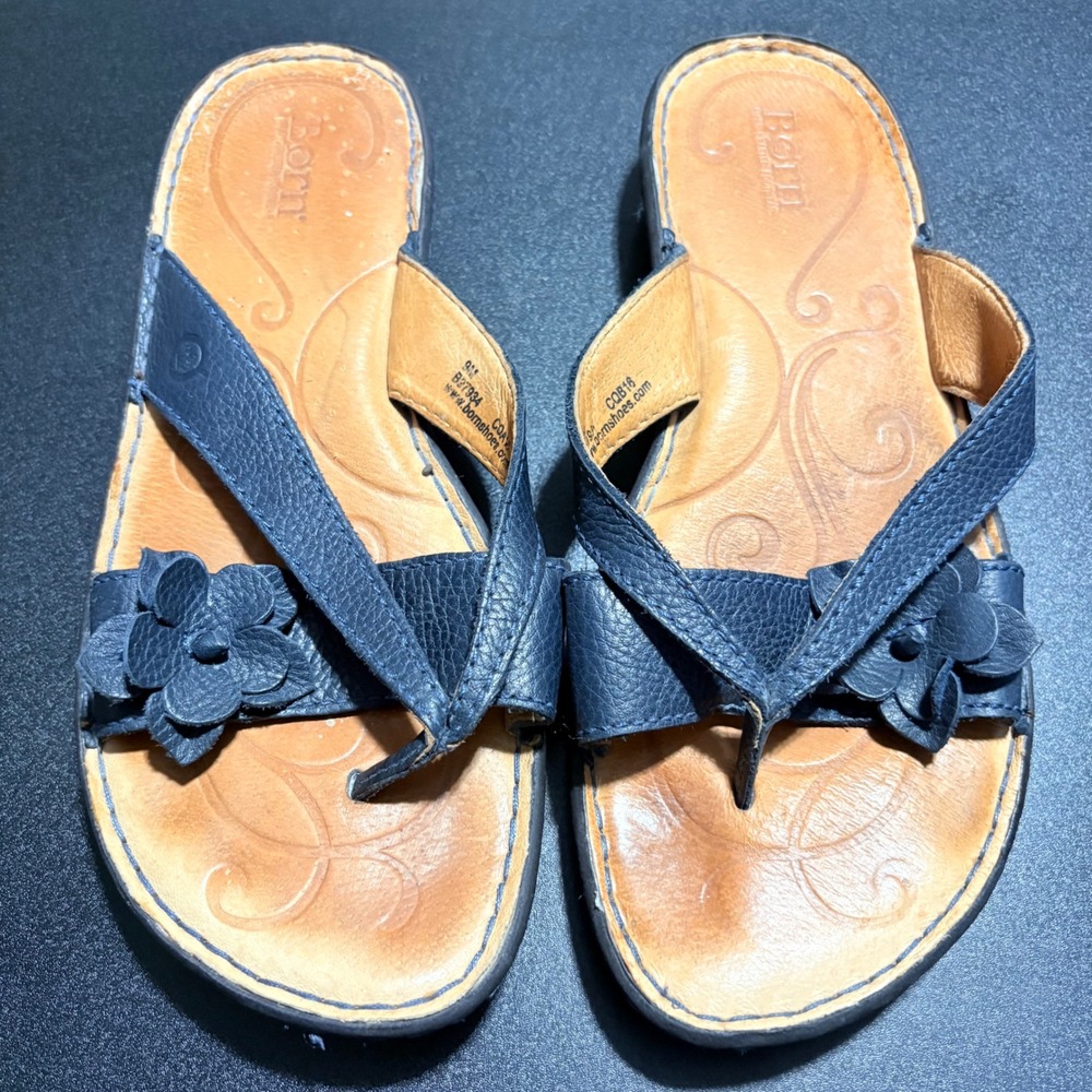 navy blue leather floral thong sandals Born size 9 women flip flops